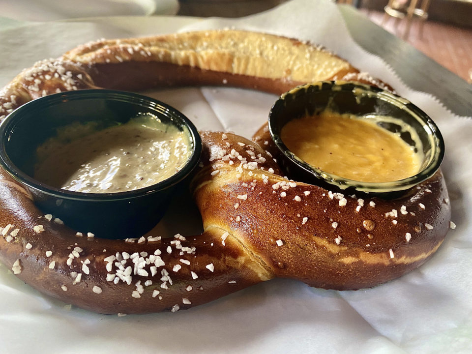 Big soft pretzel with beer cheese and spicy mustard.