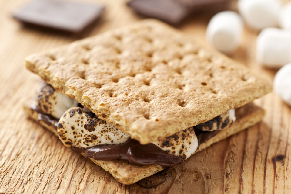 S'more sitting on a wooden table