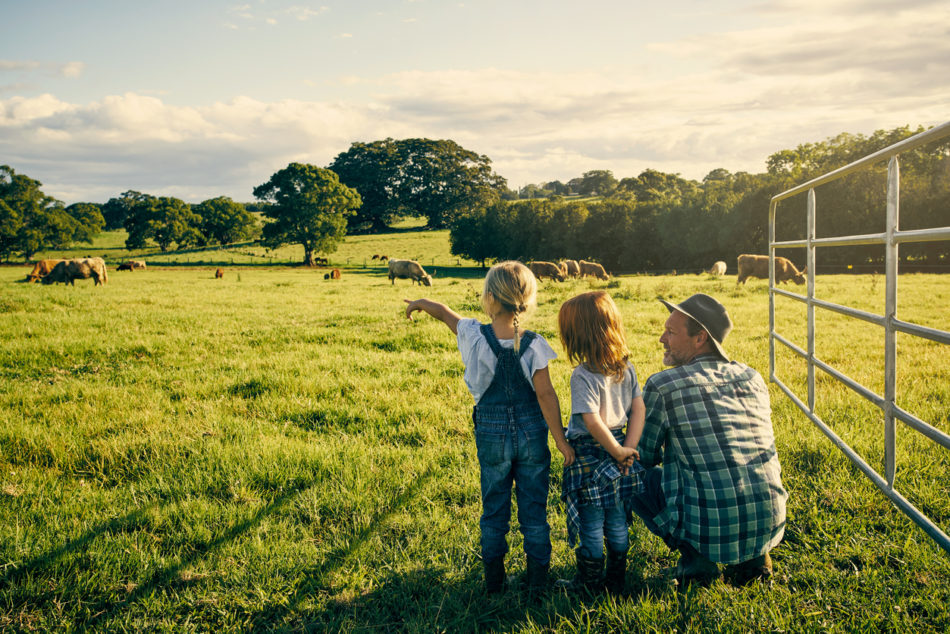 Rearview shot of an handsome male farmer and his two kids